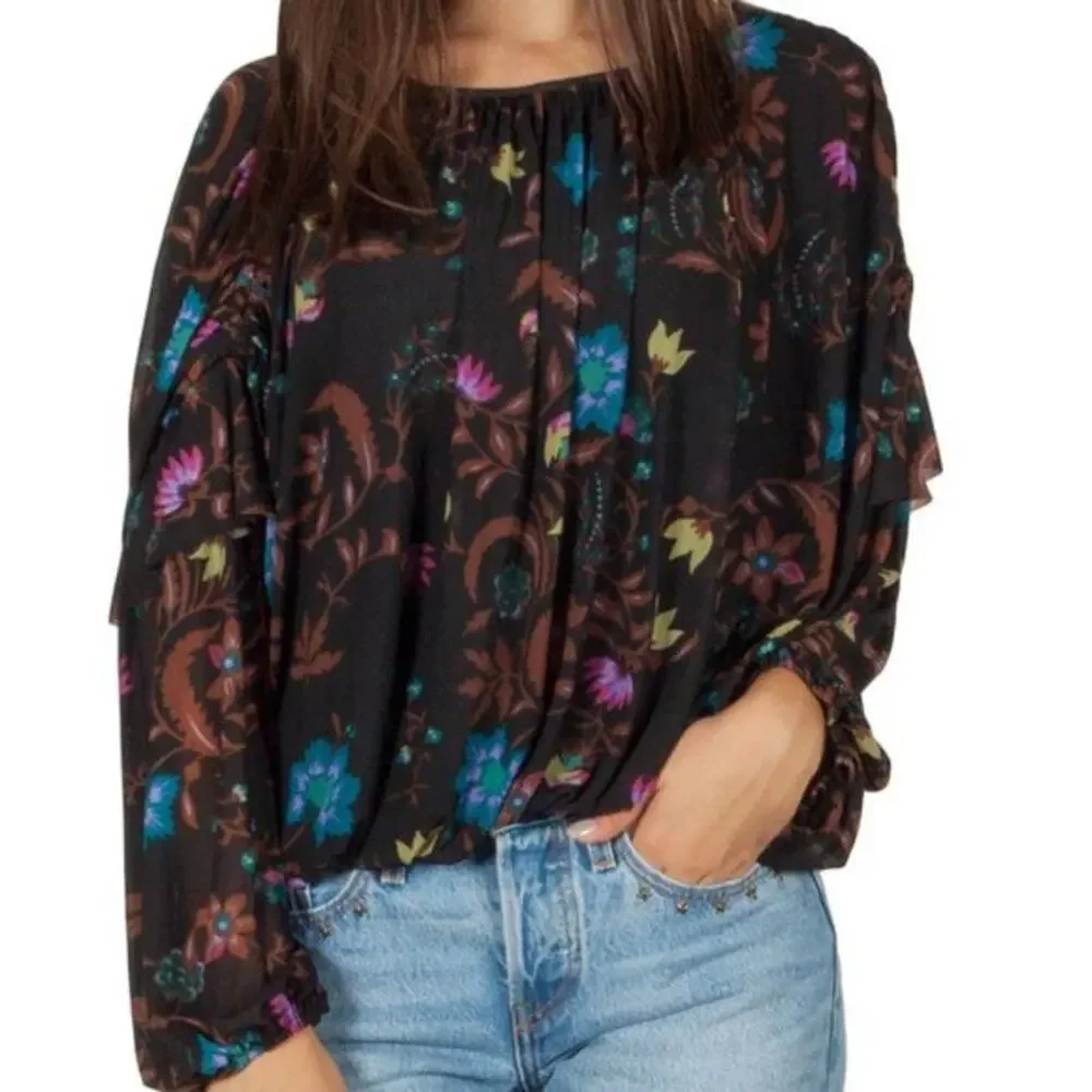 Free People Wildflower Honey Top In Black Long Sleeve Size Small